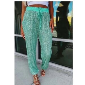 Mint Sequin High-Waisted Drawstring Pants